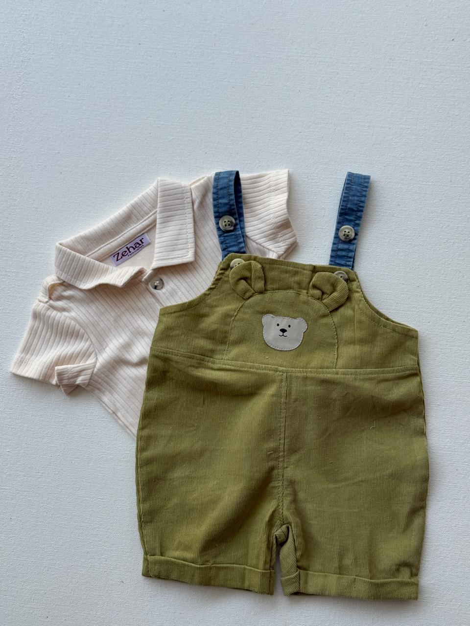 Olive Bear Dungaree set